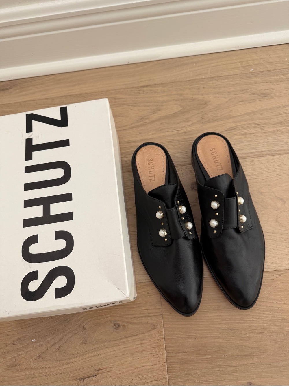 SCHUTZ Black Pearl-Embellished Leather Mules